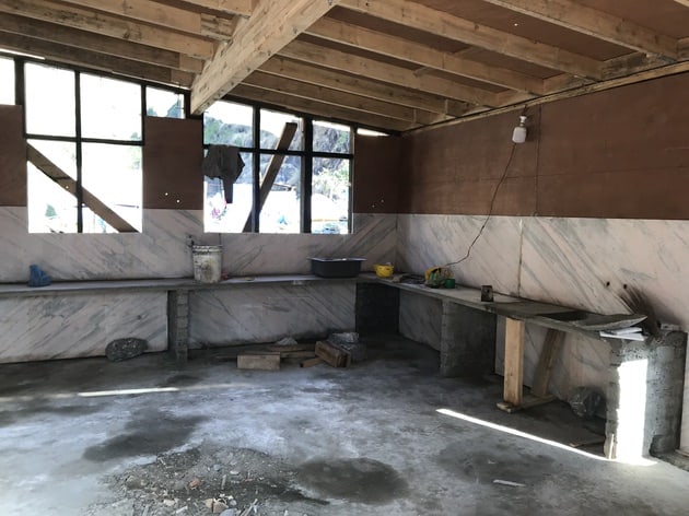 Inside the new kitchen under construction at the school in Yangri, Nepal