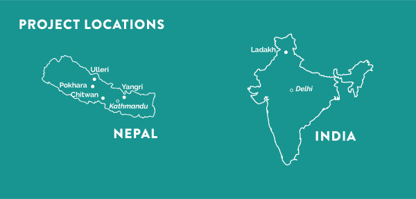Cities (Ulleri, Pokhara, Yangri, Chitwan, Kathmandu, Ladakh) in Nepal and Northern India that Himalayan Life operates